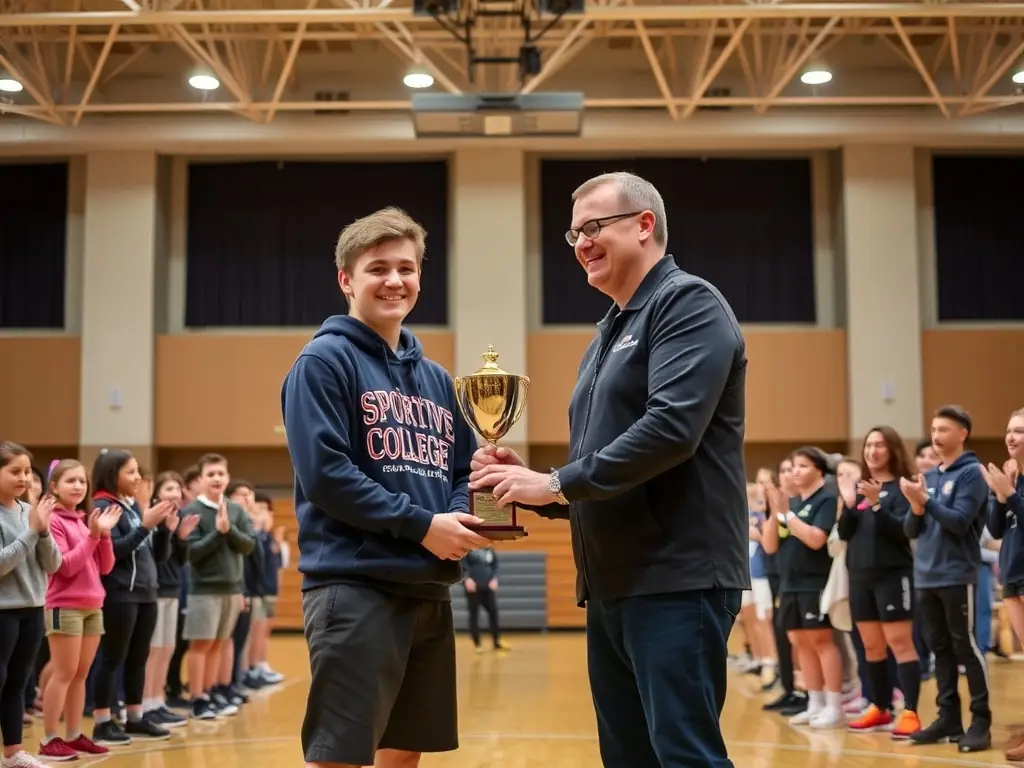 A student from ASS SPORTIVE COLLEGE ENSEIGNEMENT SECONDAIRE SOYAUX is shown receiving an award for outstanding performance, highlighting personal growth and achievement.