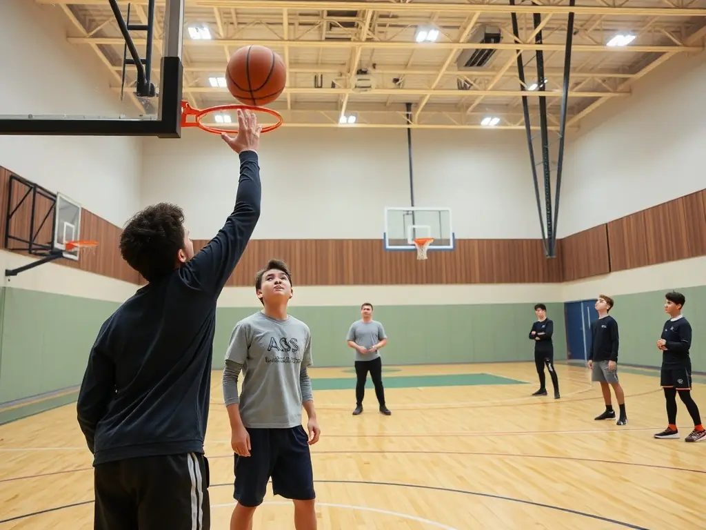 An inspiring image of students practicing basketball drills in the school gymnasium, emphasizing skill development and physical fitness.