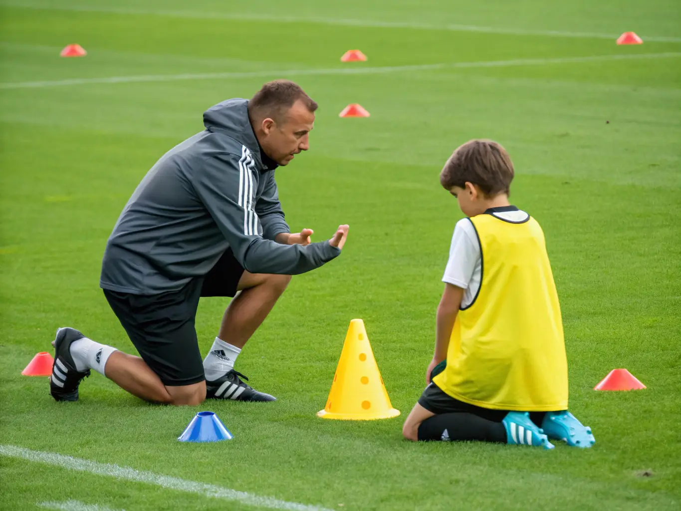 A coach mentoring a young athlete during a training session, highlighting the personalized guidance and support provided by ASS SPORTIVE COLLEGE ENSEIGNEMENT SECONDAIRE SOYAUX.
