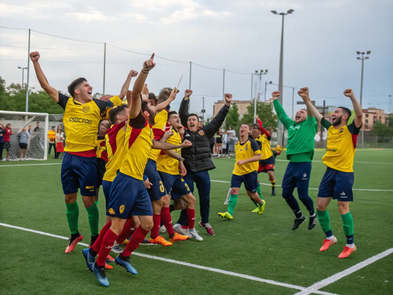 A group of students from ASS SPORTIVE COLLEGE ENSEIGNEMENT SECONDAIRE SOYAUX are celebrating a victory after a soccer match, showcasing teamwork and camaraderie.