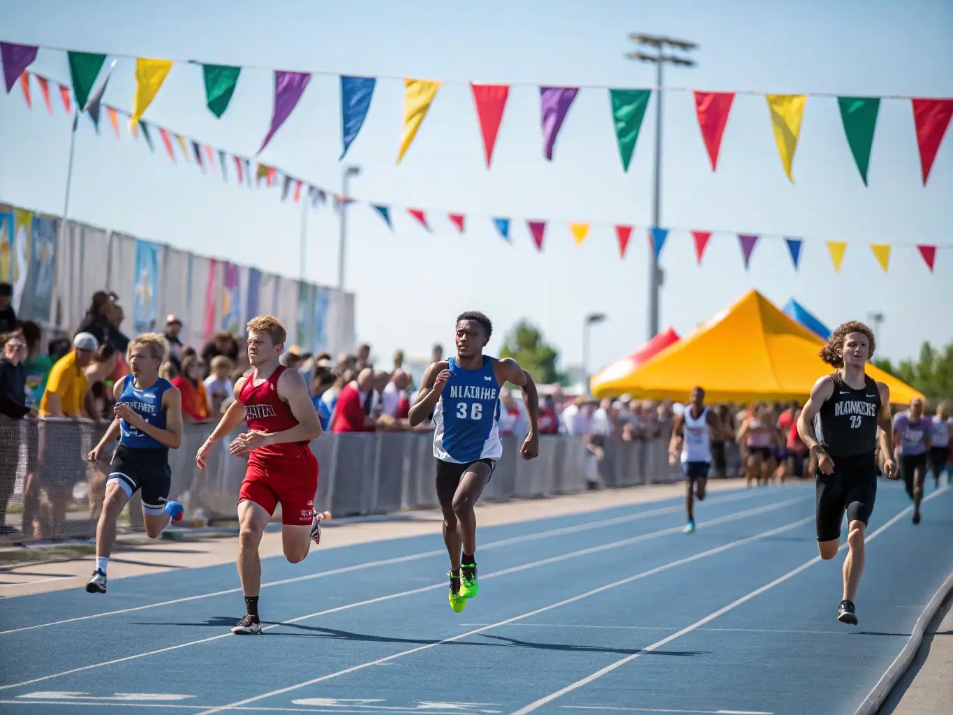 An action shot of students running track and field events, demonstrating speed, agility, and determination.
