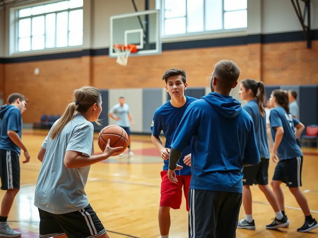 A vibrant image of students participating in a basketball game in the college gymnasium, showcasing teamwork and sportsmanship.