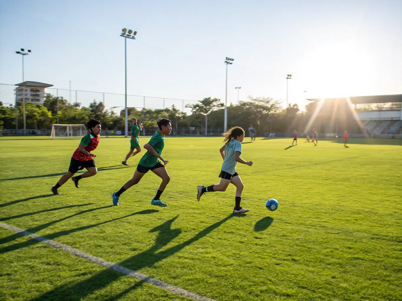 A vibrant image of students participating in a soccer match during a sunny afternoon at ASS SPORTIVE COLLEGE ENSEIGNEMENT SECONDAIRE SOYAUX, showcasing teamwork and sportsmanship.