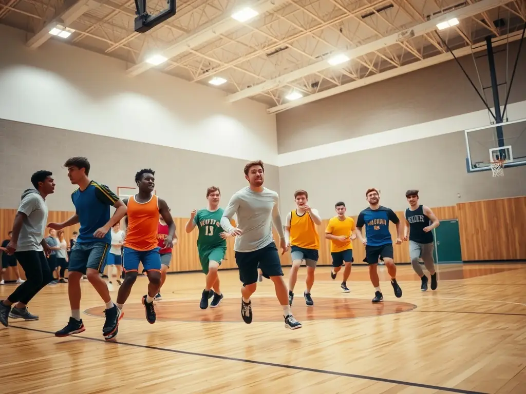 A dynamic image of students playing basketball in the school gymnasium, highlighting the energy and excitement of the basketball program at ASS SPORTIVE COLLEGE ENSEIGNEMENT SECONDAIRE SOYAUX.