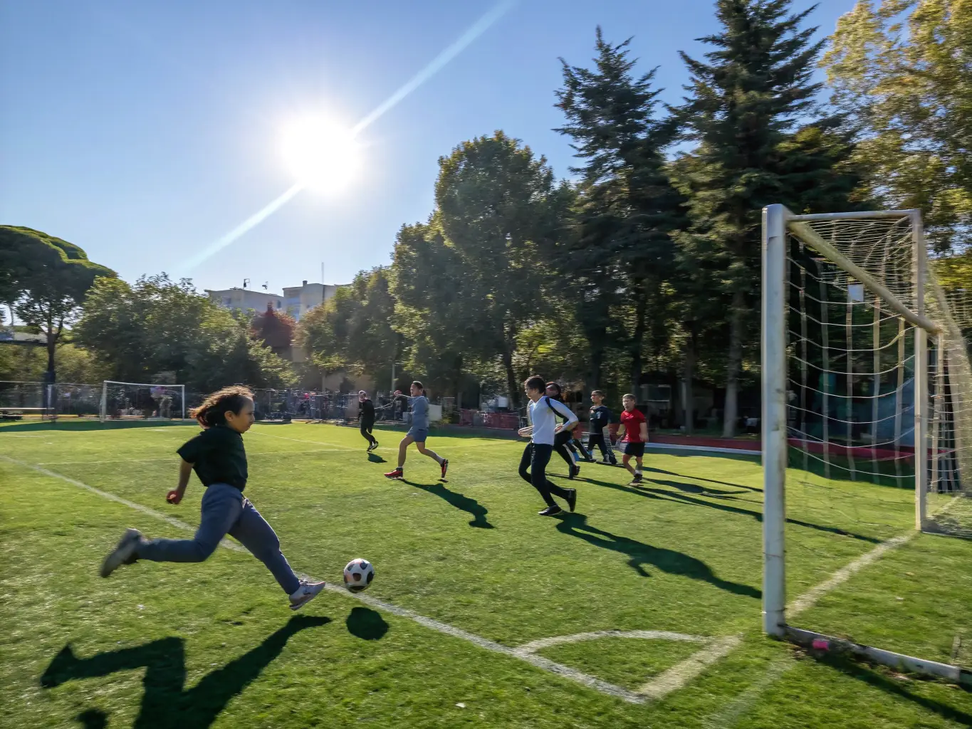 A vibrant image of students participating in a soccer match during a school sports program, showcasing teamwork and active engagement.