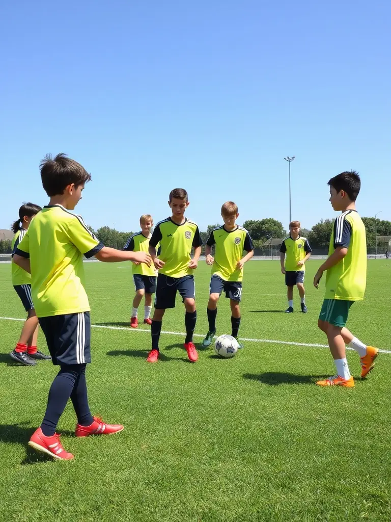 A vibrant image of students participating in a soccer training session at ASS SPORTIVE COLLEGE ENSEIGNEMENT SECONDAIRE SOYAUX, showcasing teamwork and skill development.