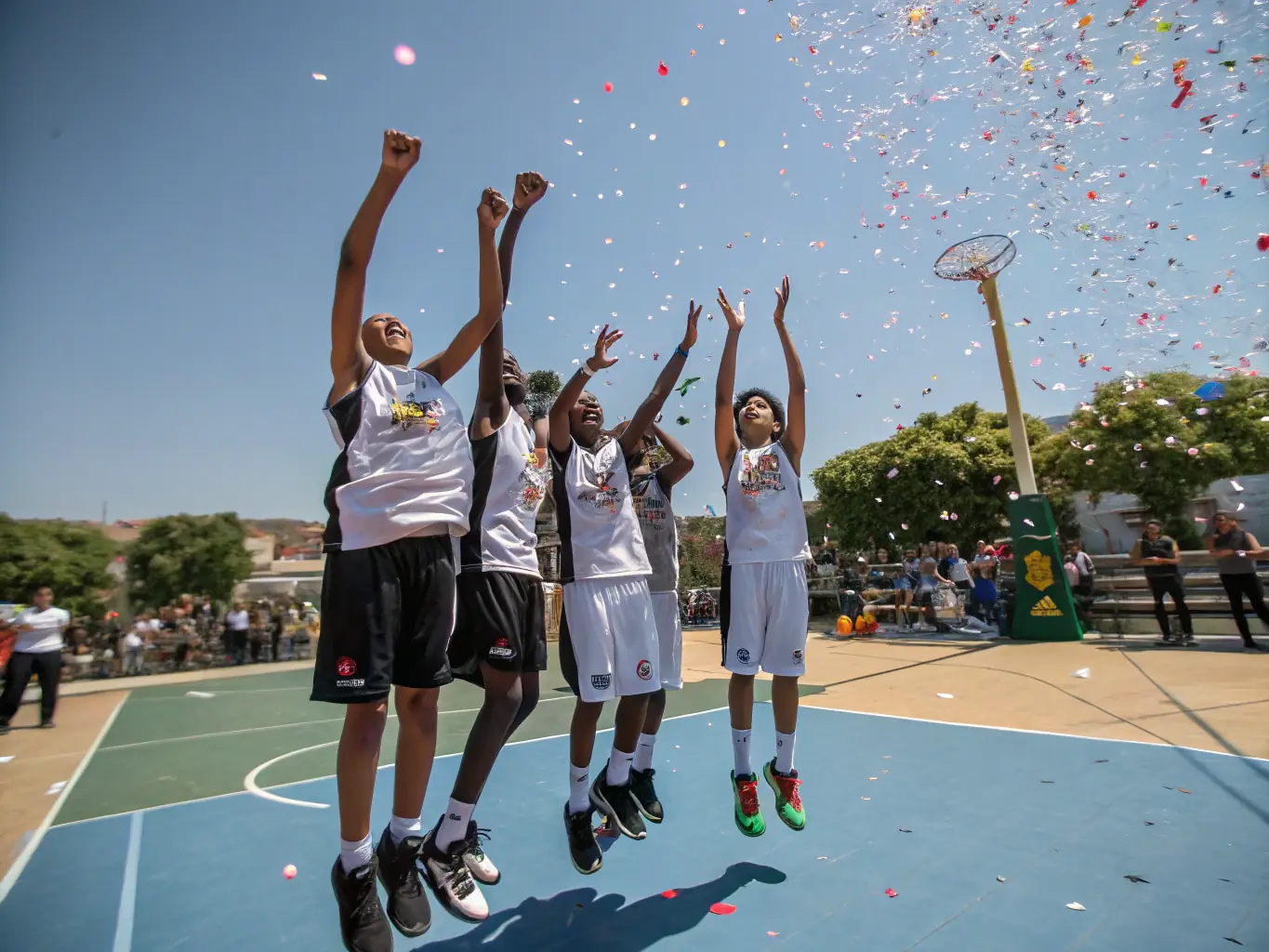 A group of students from ASS SPORTIVE COLLEGE ENSEIGNEMENT SECONDAIRE SOYAUX are celebrating a victory after a basketball game, showcasing teamwork and camaraderie.